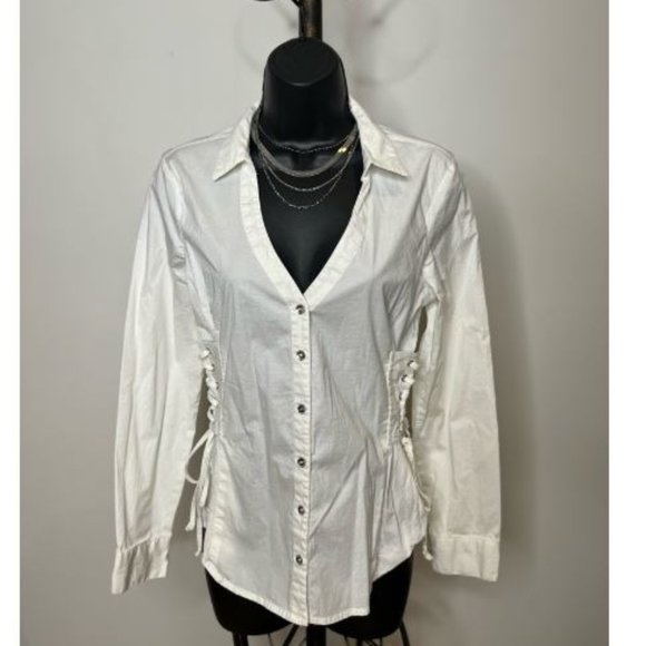 Guess Womens Button-Up Shirt Blouse Tied Sides Long Sleeve Size M White - Picture 1 of 4